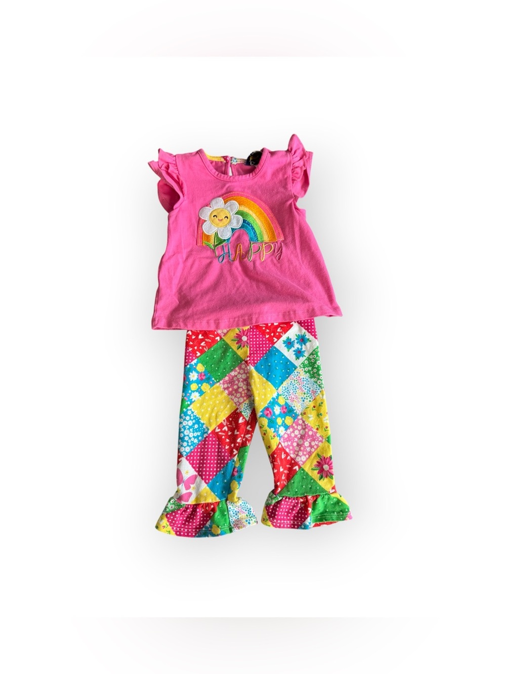 Counting Daisies Pink 'Happy' Rainbow Flower Top Colorful Patchwork Ruffle Pants